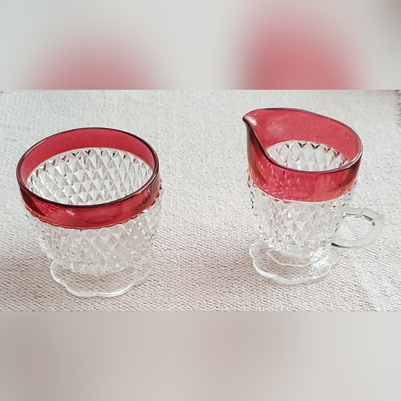 Indiana Glass Company, Vintage Cranberry Flash Diamond Point Glass 3 Pc Set - Picture 11 of 11